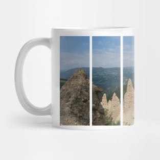 The incredible earth pyramids of Collepietra (Piramidi di Terra) in the Dolomites. Striking place. Italian Alps. Sunny spring day with no people. Valley in the background. Trentino Alto Adige. Mug